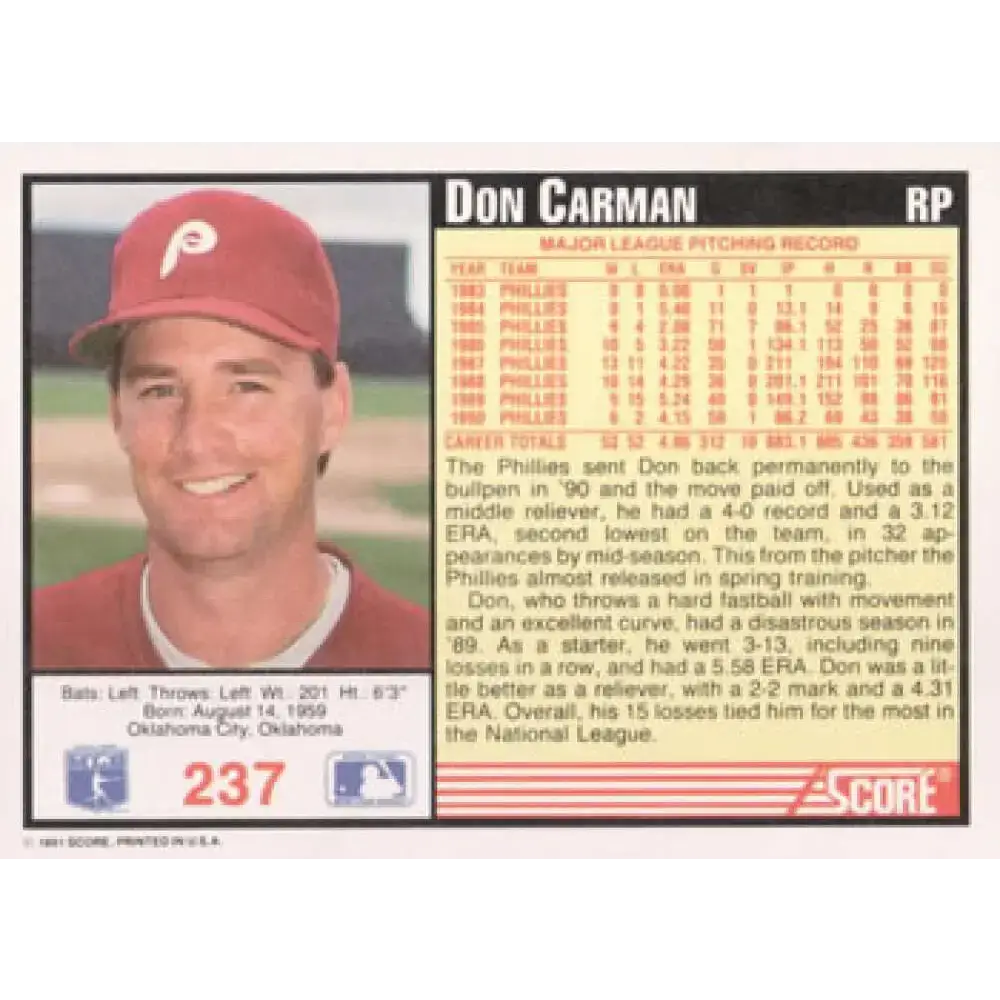 1991 Score #237 Don Carman NM-MT Philadelphia Phillies Baseball Card - Baseball Card Single