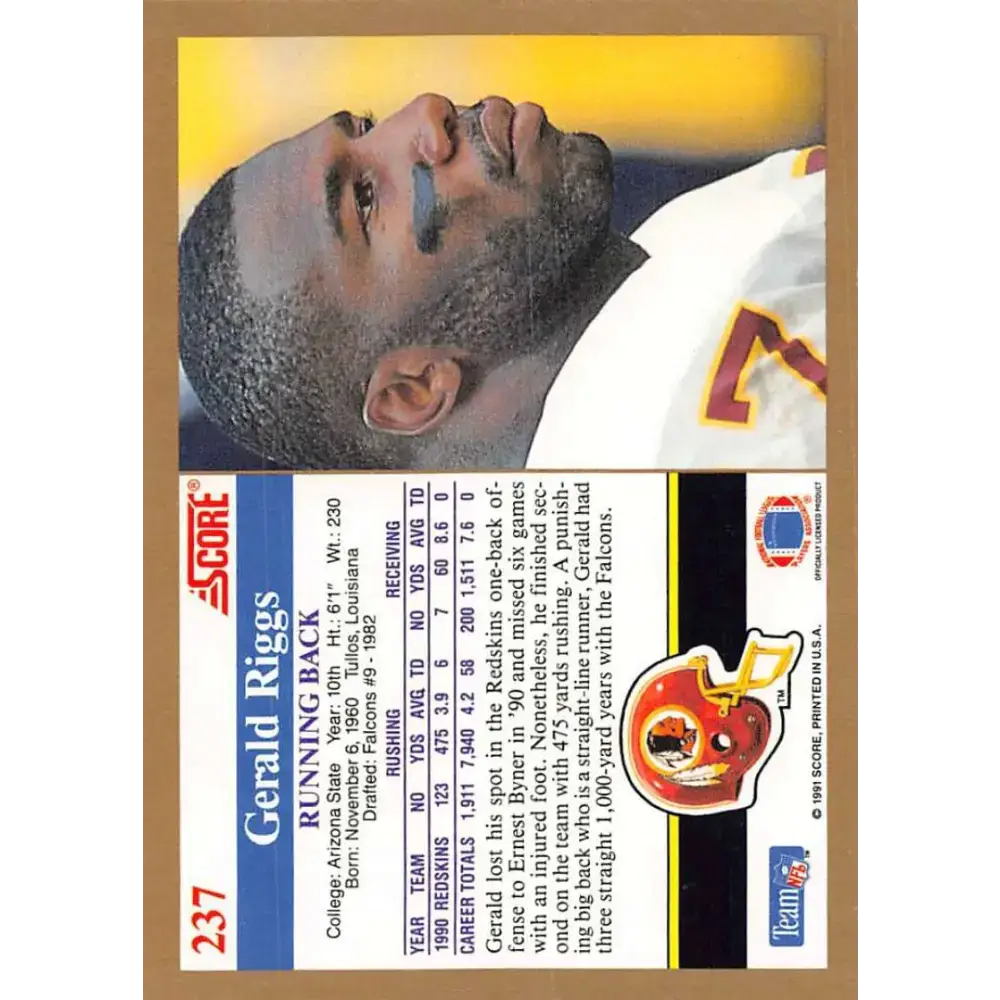 1991 Score #237 Gerald Riggs EX Excellent Washington Redskins Football Card - Football Card Single