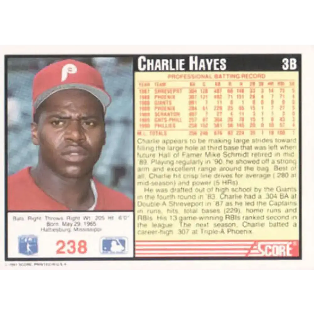 1991 Score #238 Charlie Hayes NM-MT Philadelphia Phillies Baseball Card - Baseball Card Single