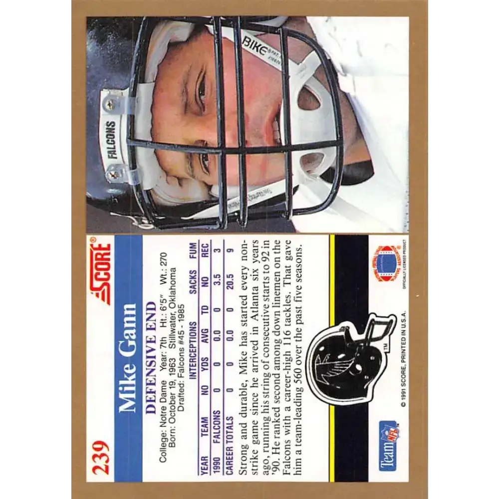 1991 Score #239 Mike Gann EX Excellent Atlanta Falcons Football Card - Football Card Single