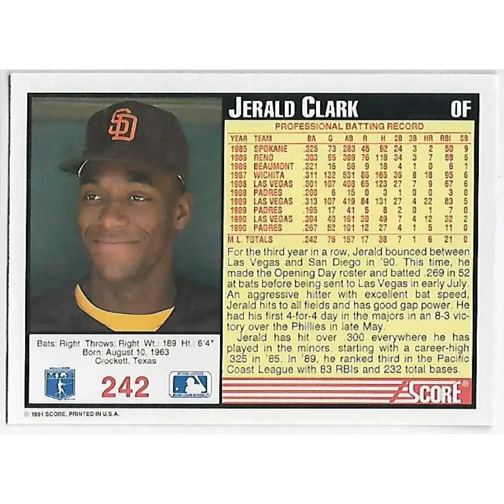 1991 Score #242 Jerald Clark NM-MT San Diego Padres Baseball Card - Baseball Card Single