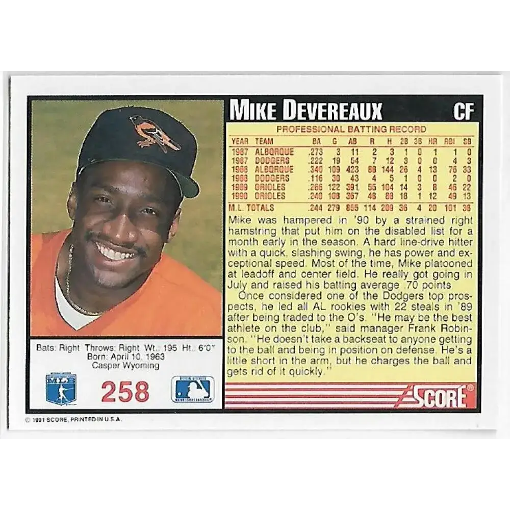 1991 Score #258 Mike Devereaux UER NM-MT Baltimore Orioles Baseball Card - Baseball Card Single