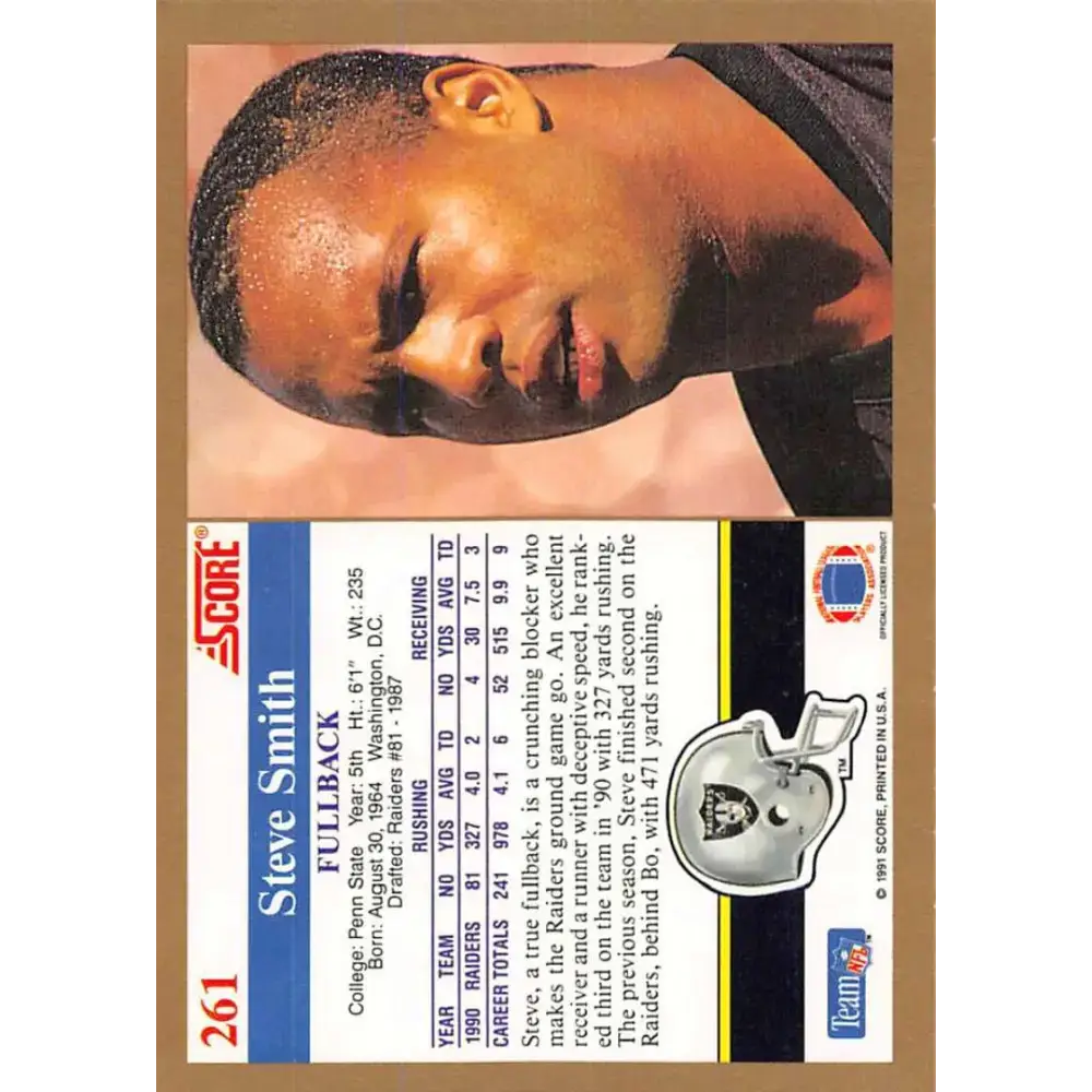 1991 Score #261 Steve Smith EX Excellent Los Angeles Raiders Football Card - Football Card Single