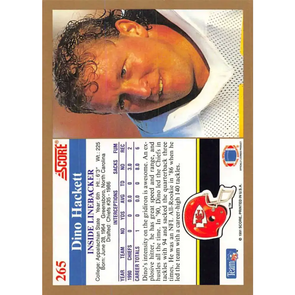 1991 Score #265 Dino Hackett EX Excellent Kansas City Chiefs Football Card - Football Card Single
