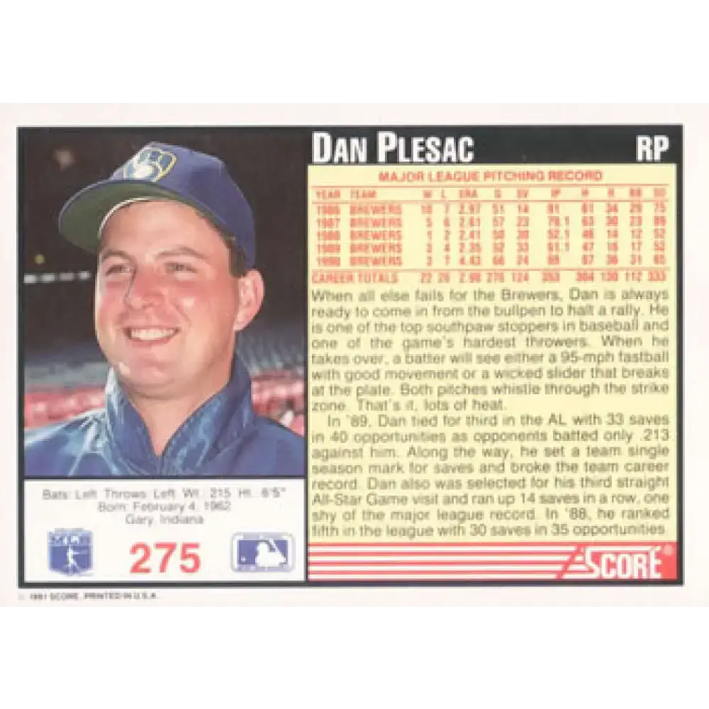 1991 Score #275 Dan Plesac NM-MT Milwaukee Brewers Baseball Card - Baseball Card Single