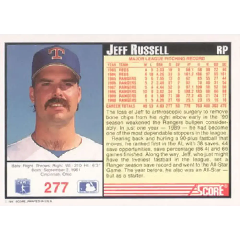1991 Score #277 Jeff Russell NM-MT Texas Rangers Baseball Card - Baseball Card Single