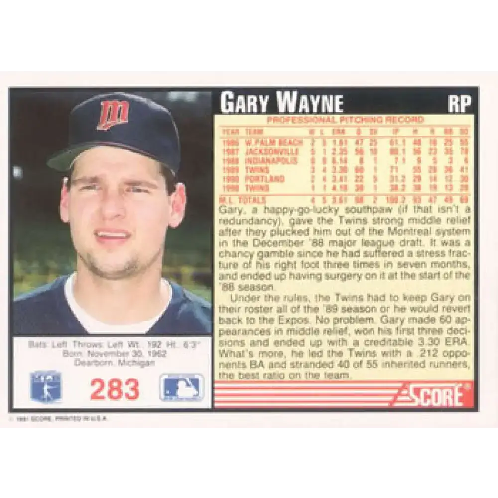1991 Score #283 Gary Wayne NM-MT Minnesota Twins Baseball Card - Baseball Card Single