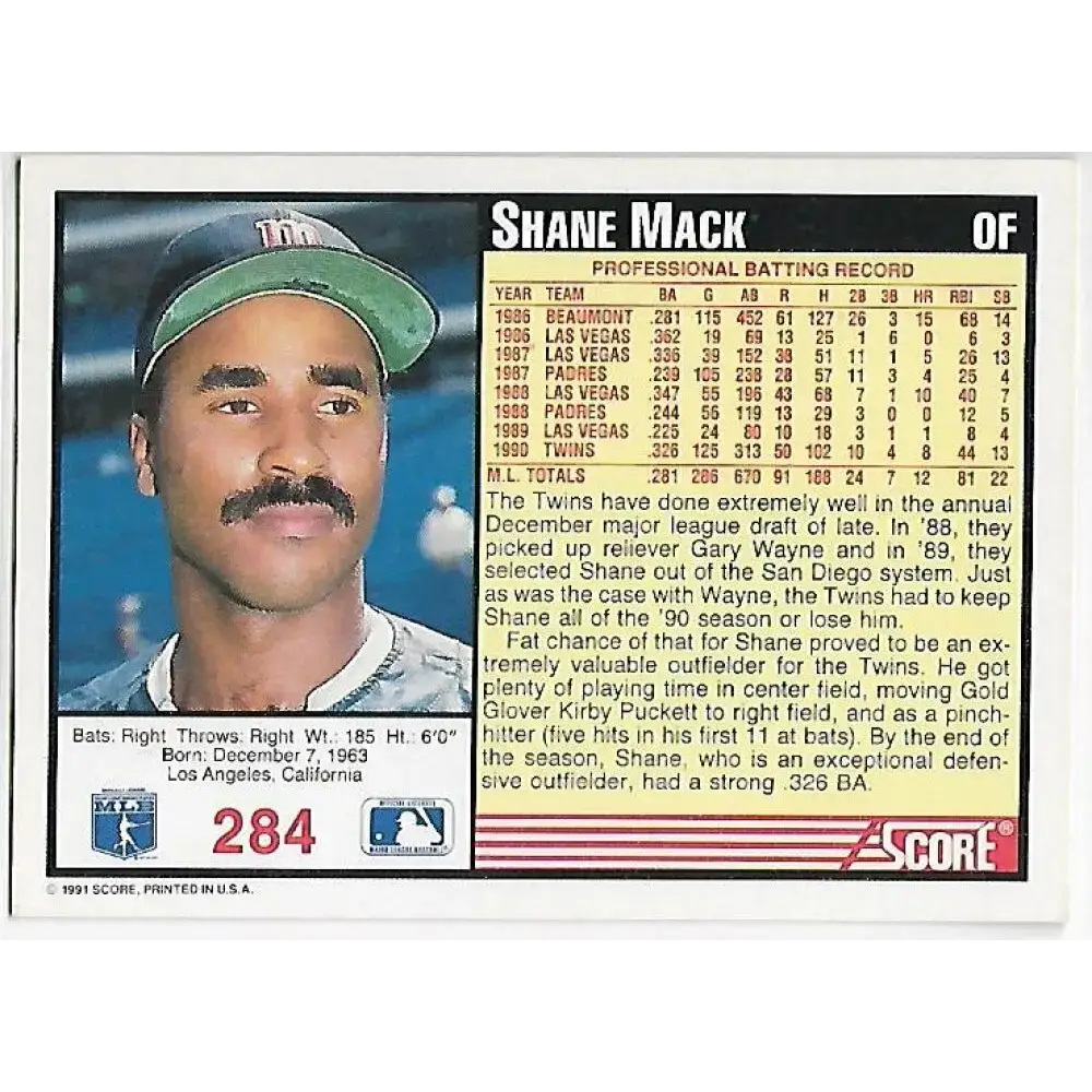 1991 Score #284 Shane Mack NM-MT Minnesota Twins Baseball Card - Baseball Card Single