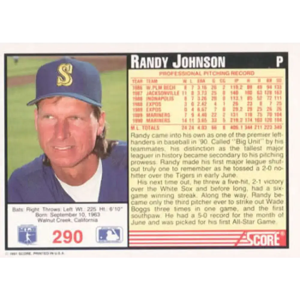 1991 Score #290 Randy Johnson NM-MT Seattle Mariners Baseball Card - Baseball Card Single