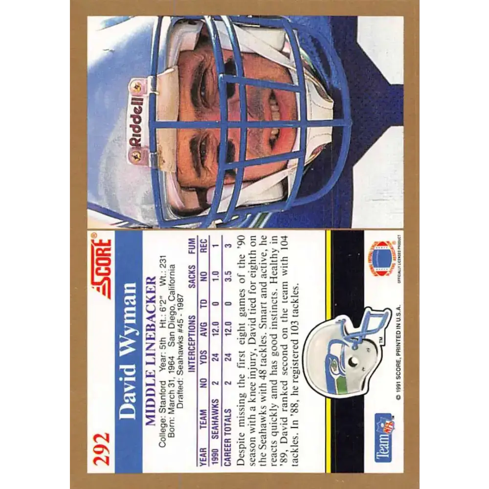 1991 Score #292 David Wyman EX Excellent Seattle Seahawks Football Card - Football Card Single