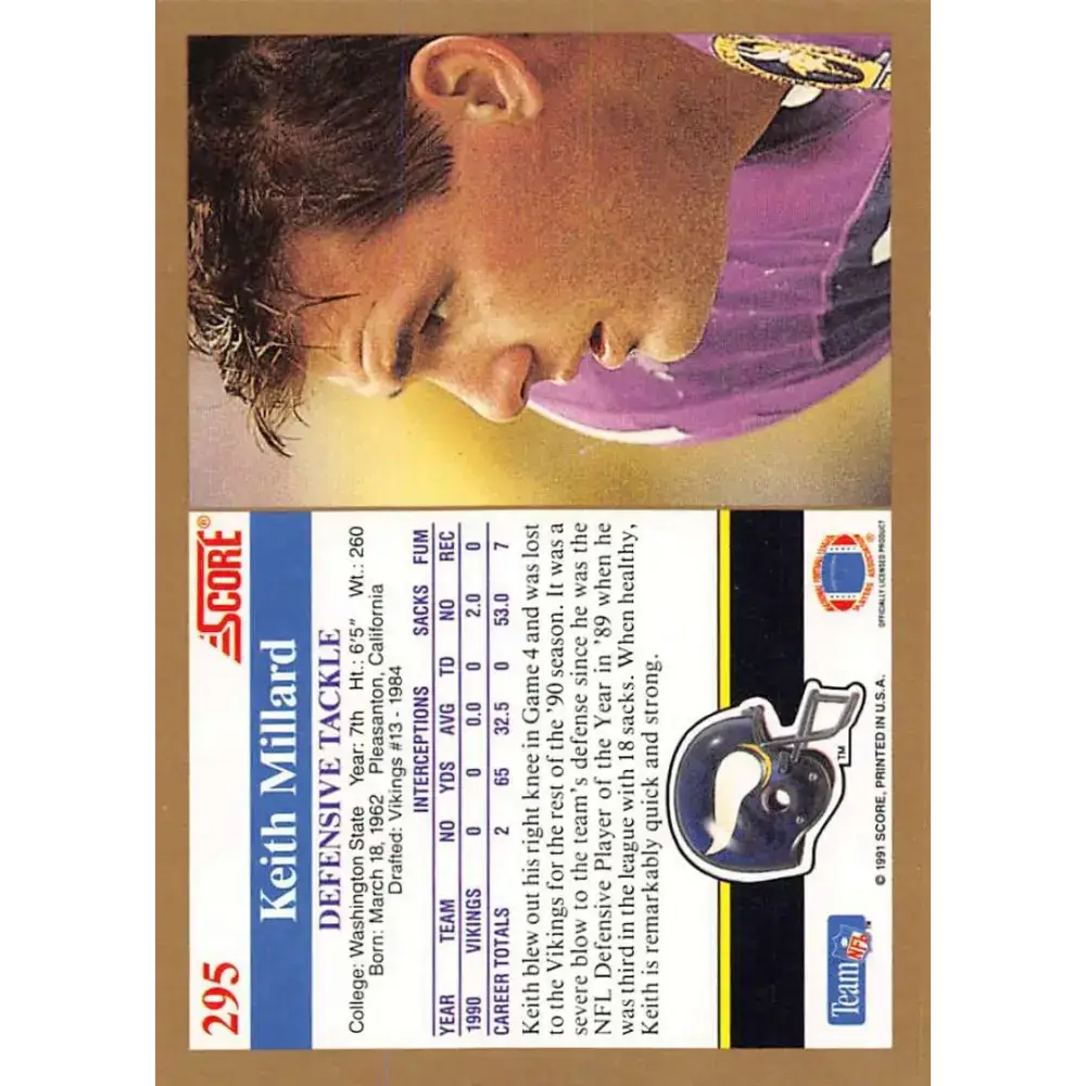 1991 Score #295 Keith Millard EX Excellent Minnesota Vikings Football Card - Football Card Single