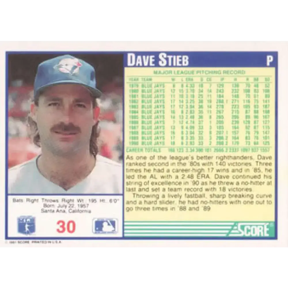1991 Score #30 Dave Stieb UER NM-MT Toronto Blue Jays Baseball Card - Baseball Card Single