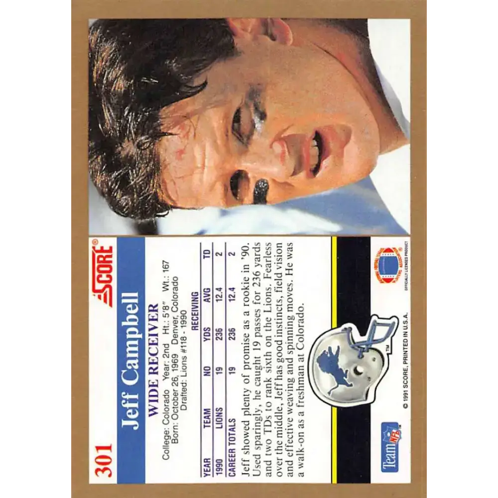 1991 Score #301 Jeff Campbell EX Excellent Detroit Lions Football Card - Football Card Single