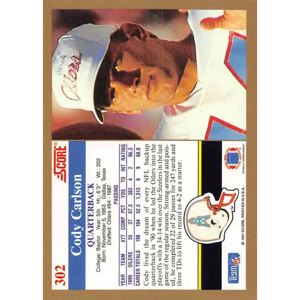 1991 Score #302 Cody Carlson EX Excellent RC Rookie Houston Oilers Football Card - Football Card Single