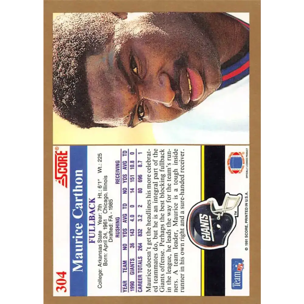 1991 Score #304 Maurice Carthon EX Excellent New York Giants Football Card - Football Card Single