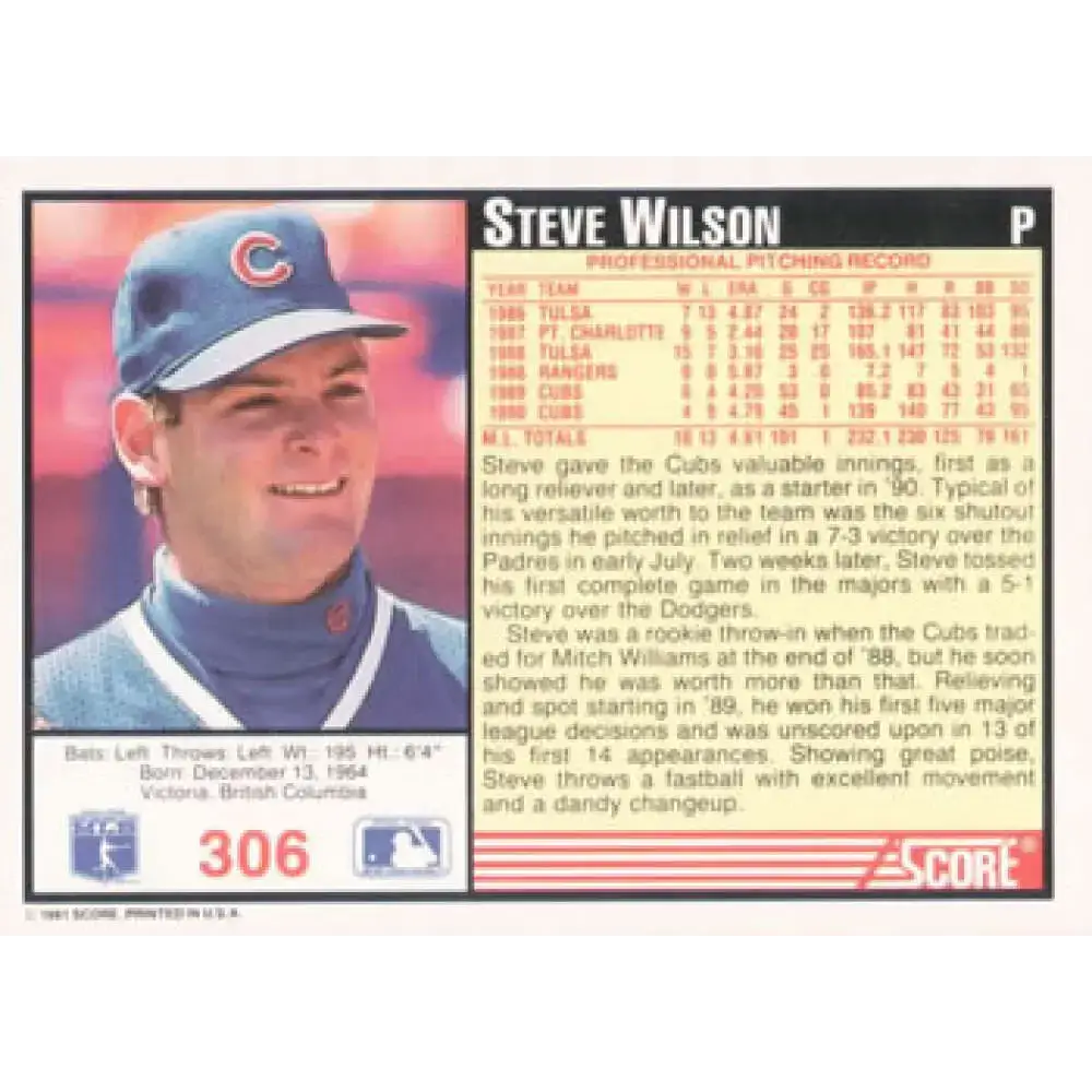 1991 Score #306 Steve Wilson NM-MT Chicago Cubs Baseball Card - Baseball Card Single