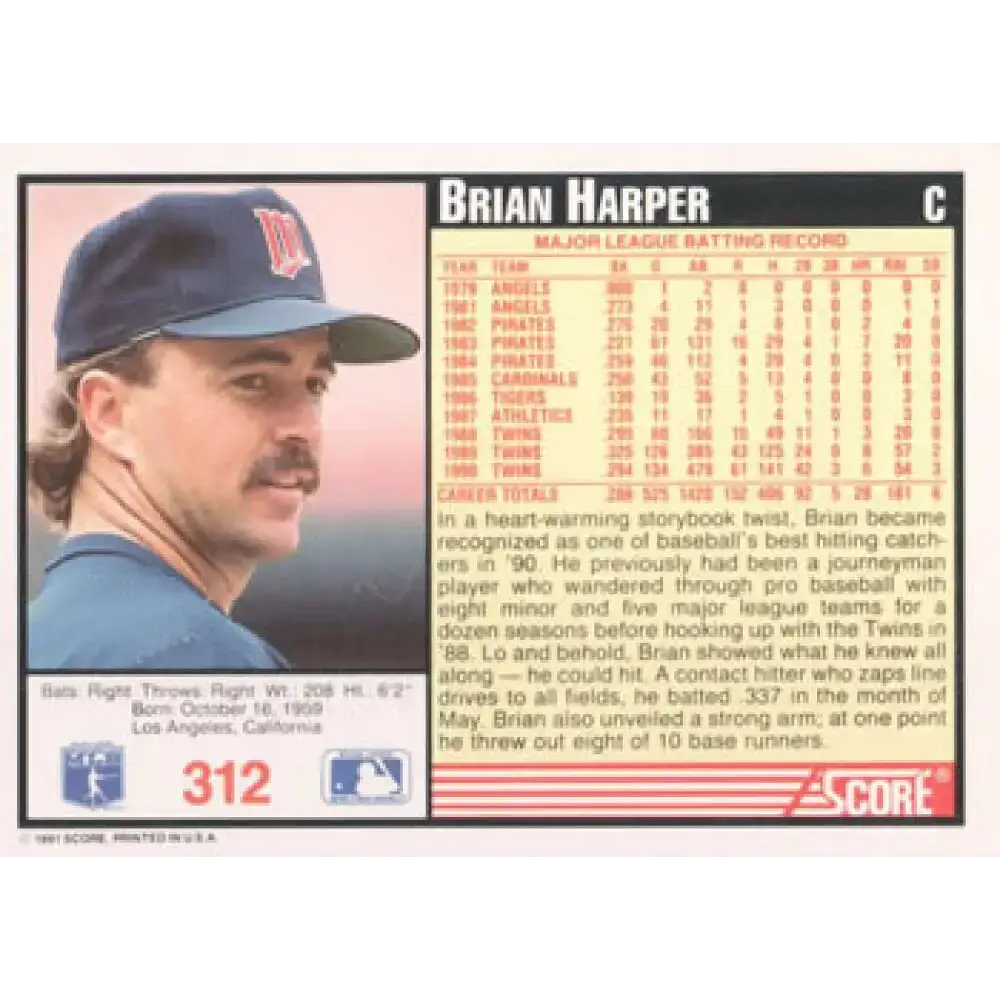 1991 Score #312 Brian Harper NM-MT Minnesota Twins Baseball Card - Baseball Card Single