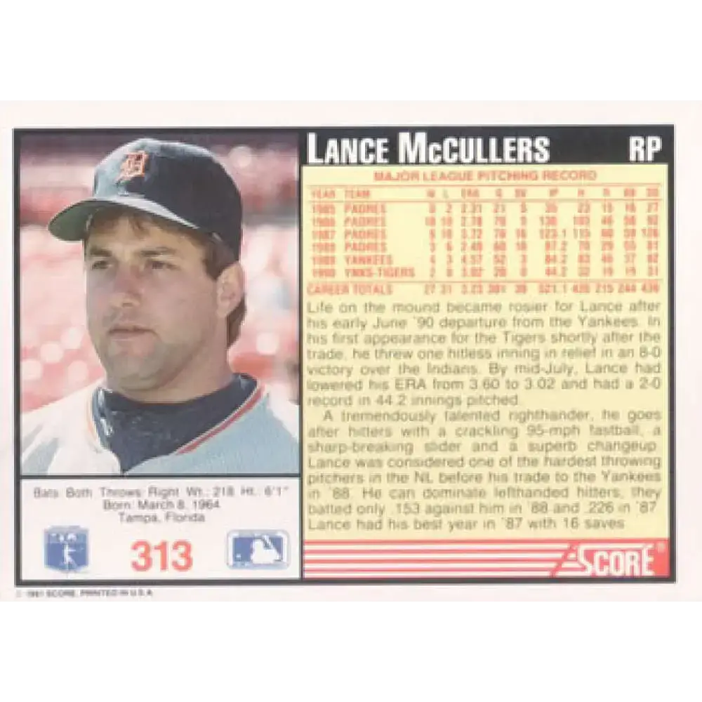 1991 Score #313 Lance McCullers NM-MT Detroit Tigers Baseball Card - Baseball Card Single