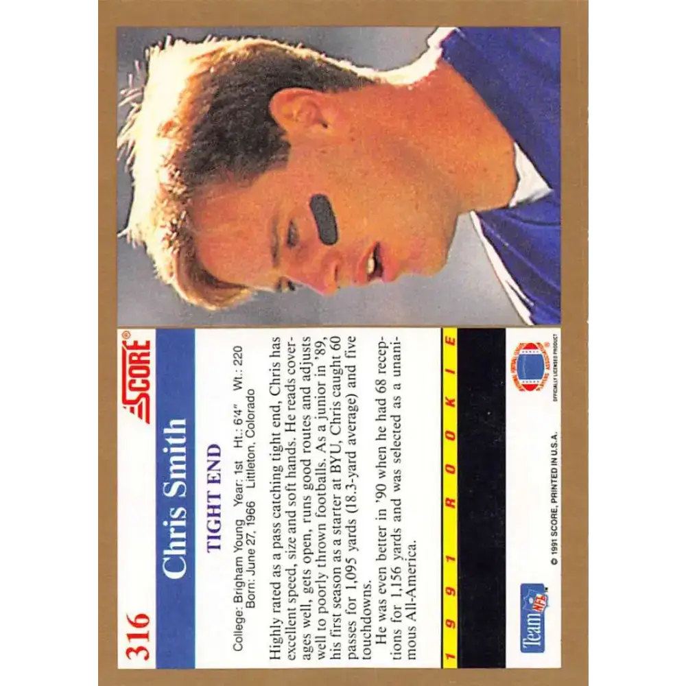 1991 Score #316 Chris Smith EX Excellent RC Rookie BYU Cougars Football Card - Football Card Single