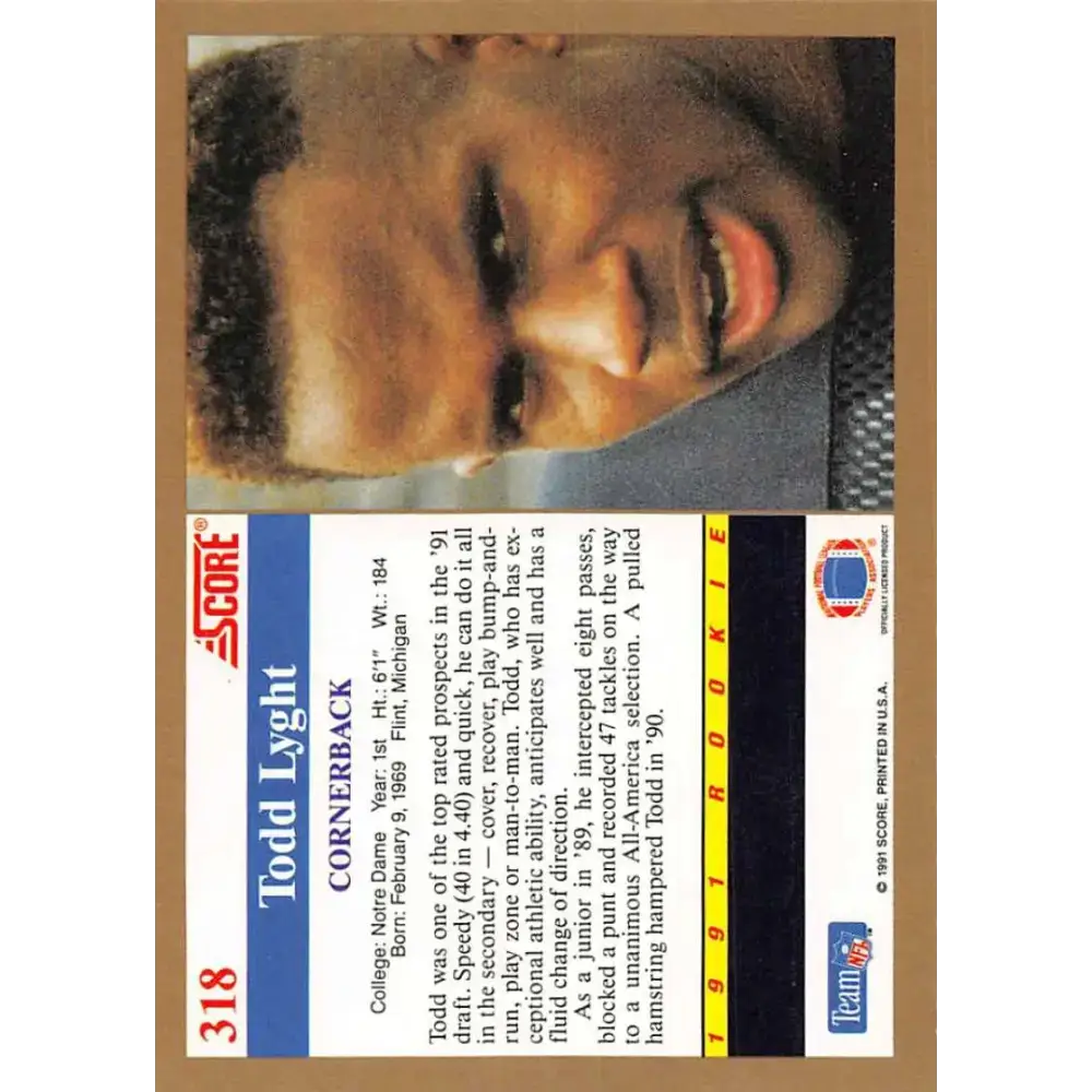 1991 Score #318 Todd Lyght EX Excellent RC Rookie Notre Dame Fighting Irish Football Card - Football Card Single