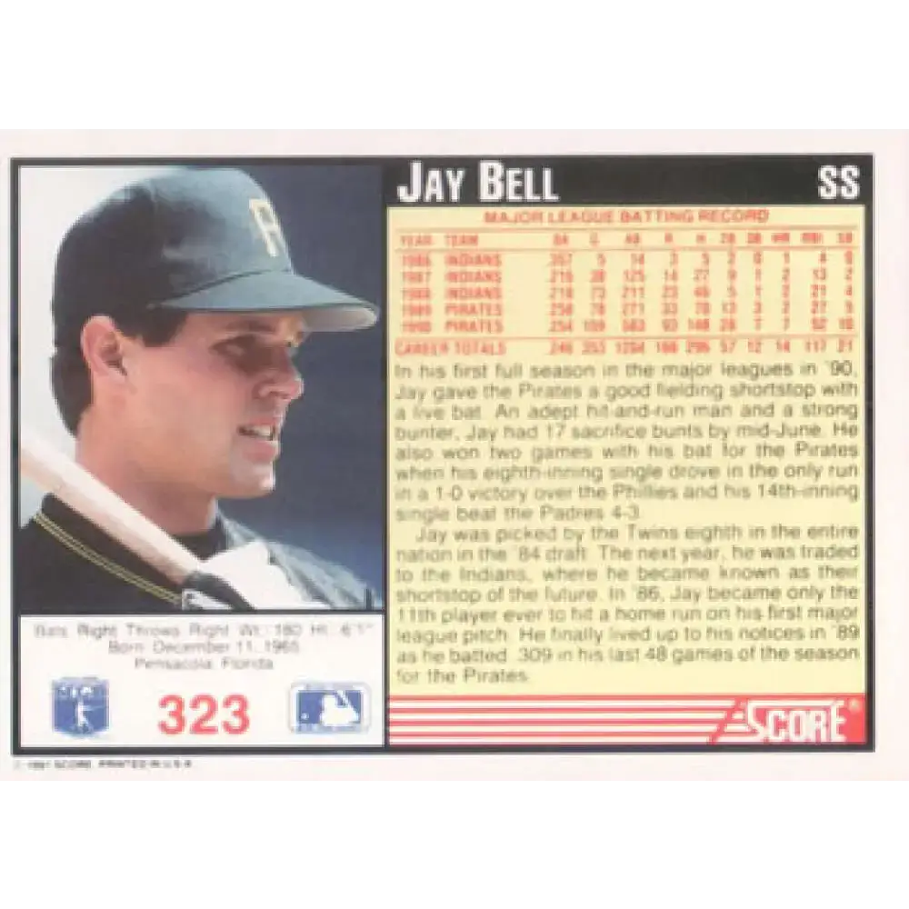 1991 Score #323 Jay Bell NM-MT Pittsburgh Pirates Baseball Card - Baseball Card Single