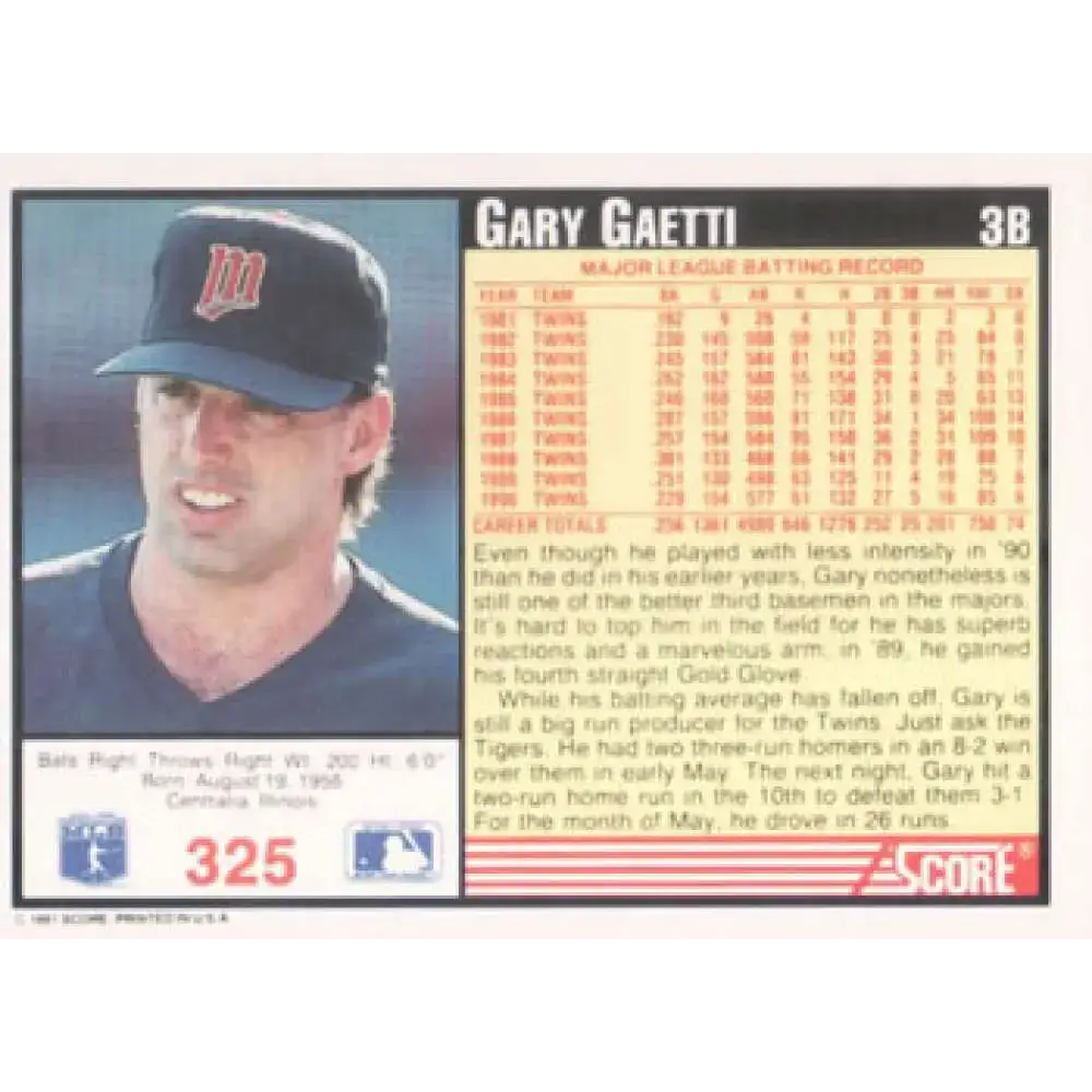 1991 Score #325 Gary Gaetti NM-MT Minnesota Twins Baseball Card - Baseball Card Single
