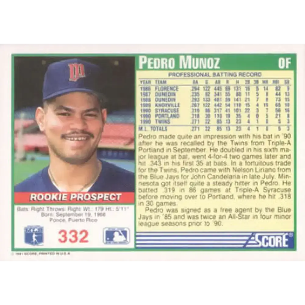 1991 Score #332 Pedro Munoz NM-MT RC Rookie Minnesota Twins Baseball Card - Baseball Card Single