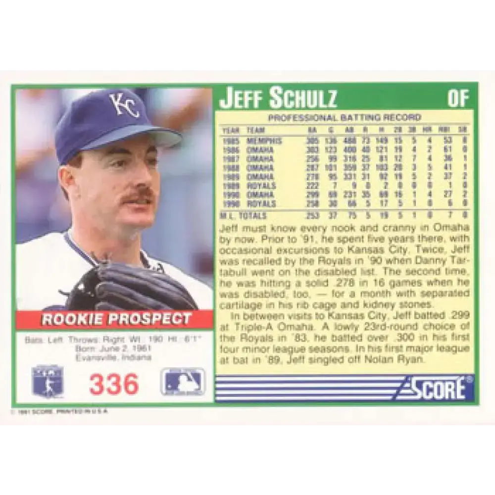 1991 Score #336 Jeff Schulz NM-MT RC Rookie Kansas City Royals Baseball Card - Baseball Card Single