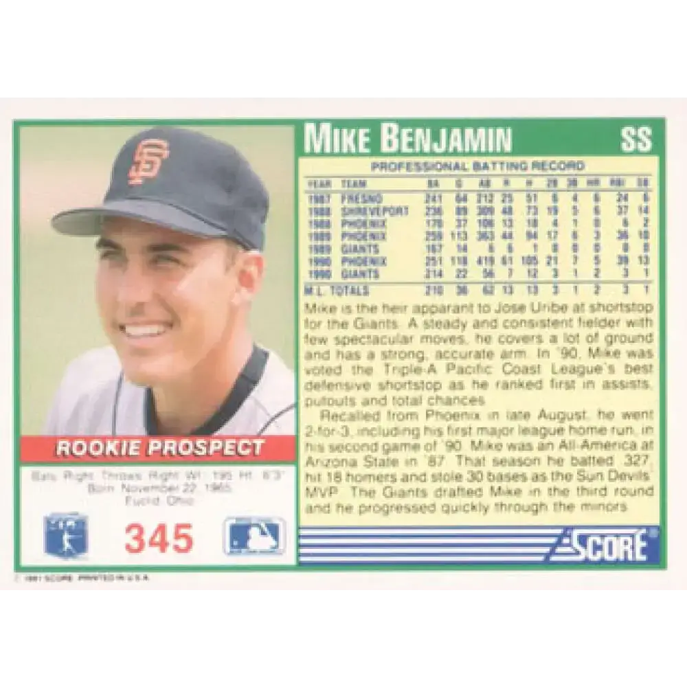 1991 Score #345 Mike Benjamin NM-MT San Francisco Giants Baseball Card - Baseball Card Single
