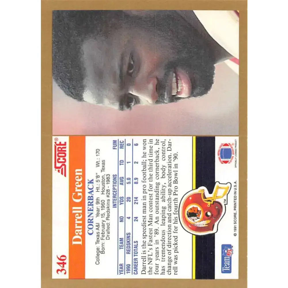 1991 Score #346 Darrell Green EX Excellent Washington Redskins Football Card - Football Card Single
