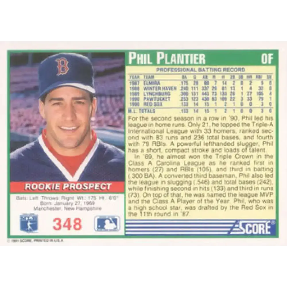 1991 Score #348 Phil Plantier NM-MT RC Rookie Boston Red Sox Baseball Card - Baseball Card Single