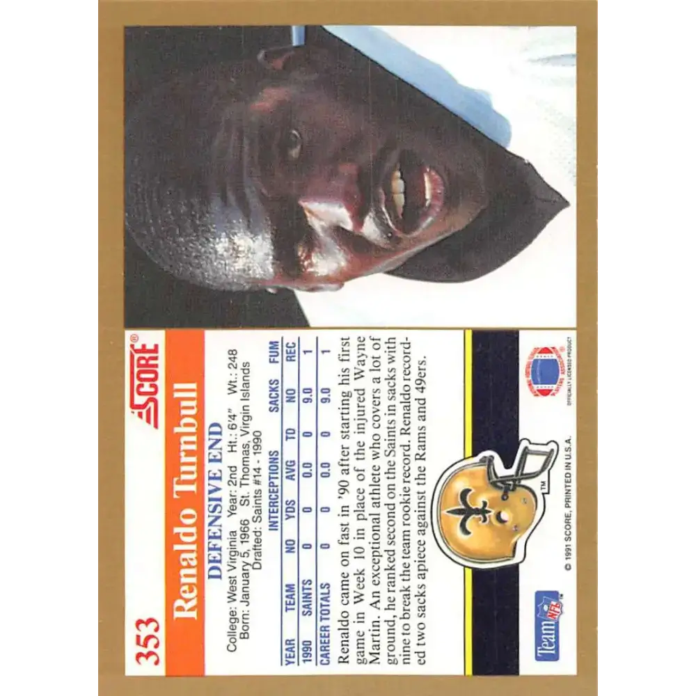 1991 Score #353 Renaldo Turnbull EX Excellent New Orleans Saints Football Card - Football Card Single