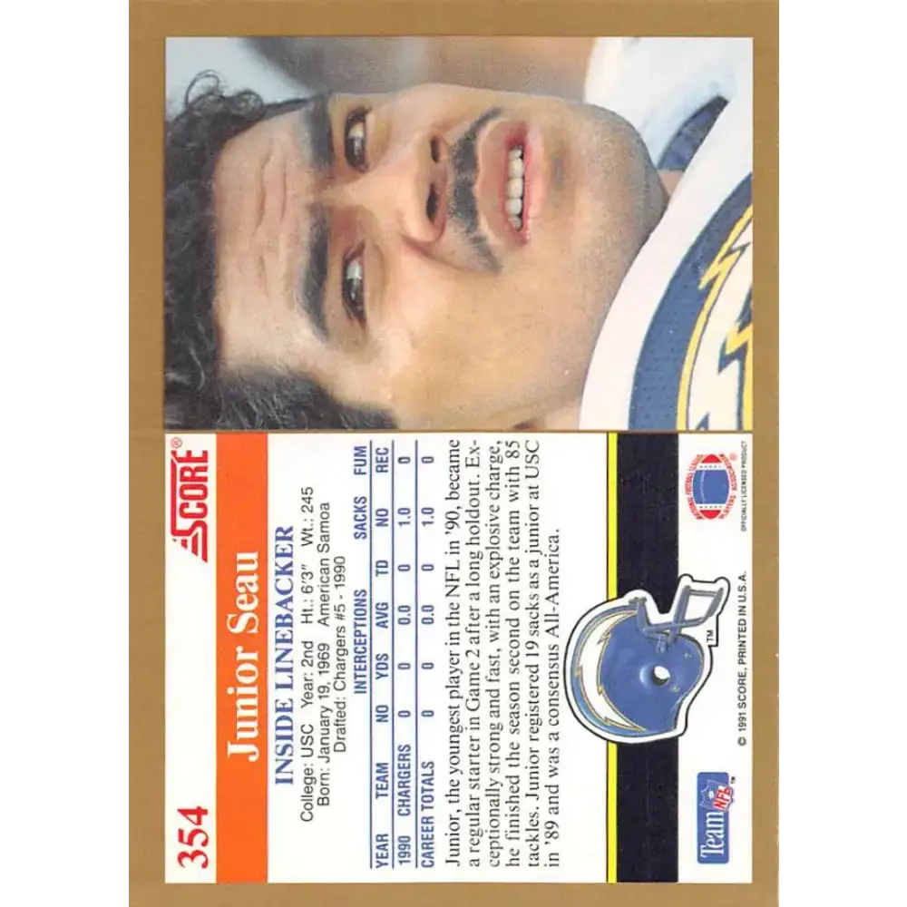 1991 Score #354 Junior Seau EX Excellent San Diego Chargers Football Card - Football Card Single