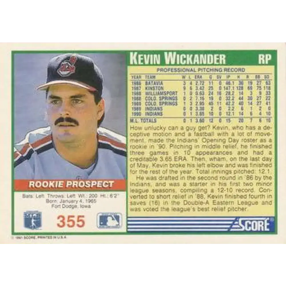 1991 Score #355 Kevin Wickander NM-MT Cleveland Indians Baseball Card - Baseball Card Single