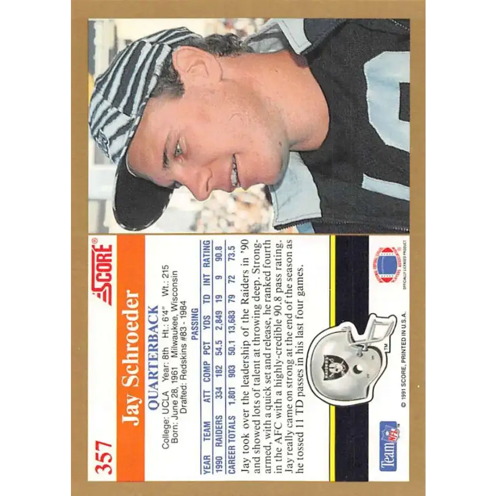1991 Score #357 Jay Schroeder EX Excellent Los Angeles Raiders Football Card - Football Card Single