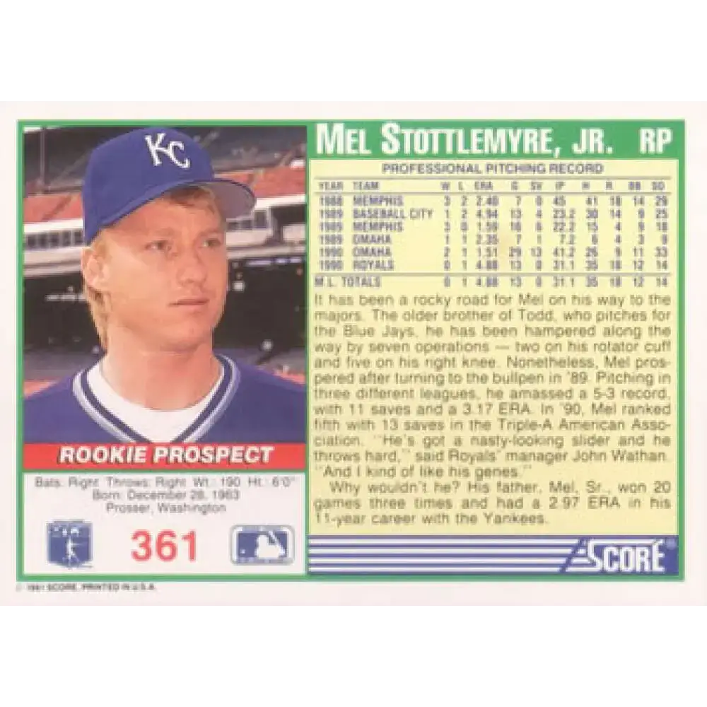 1991 Score #361 Mel Stottlemyre Jr. NM-MT Kansas City Royals Baseball Card - Baseball Card Single