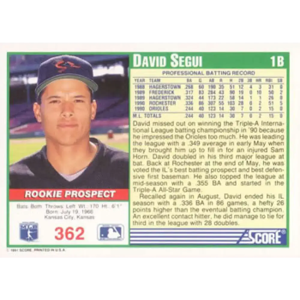 1991 Score #362 David Segui RP NM-MT Baltimore Orioles Baseball Card - Baseball Card Single