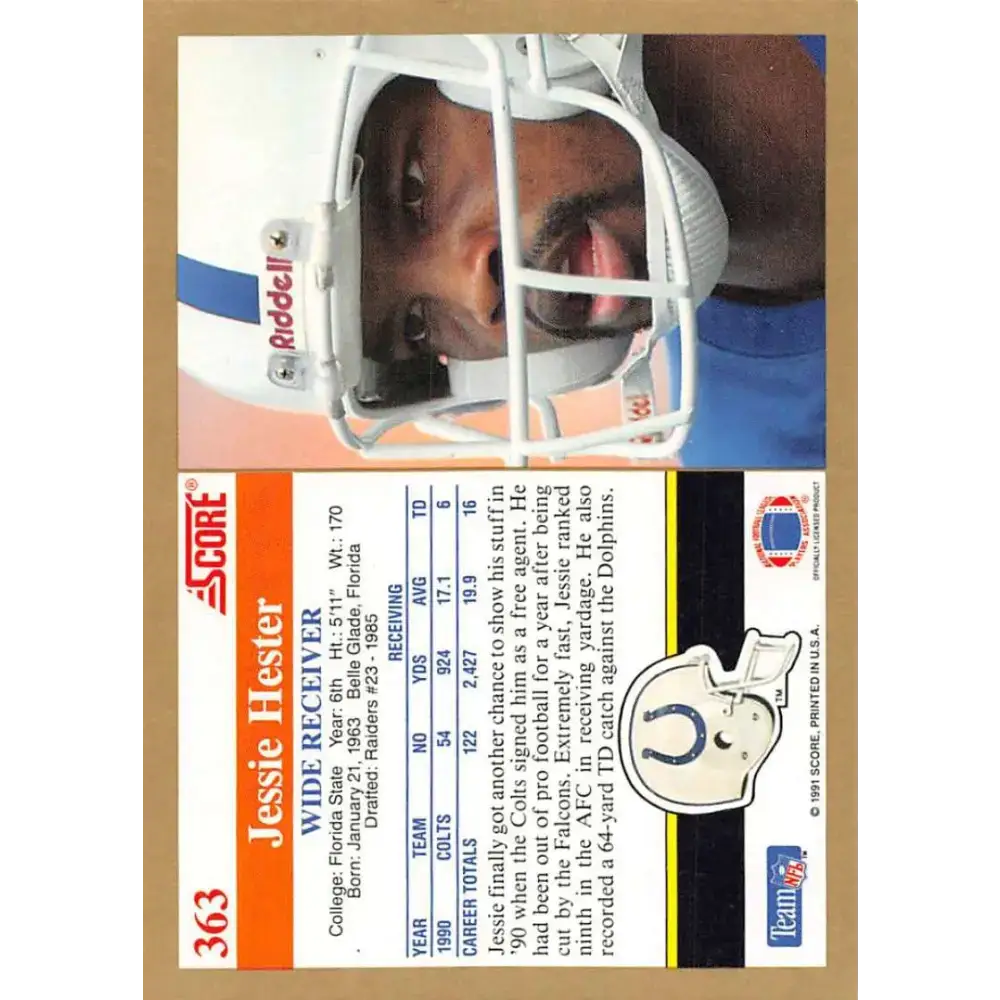 1991 Score #363 Jessie Hester EX Excellent Indianapolis Colts Football Card - Football Card Single