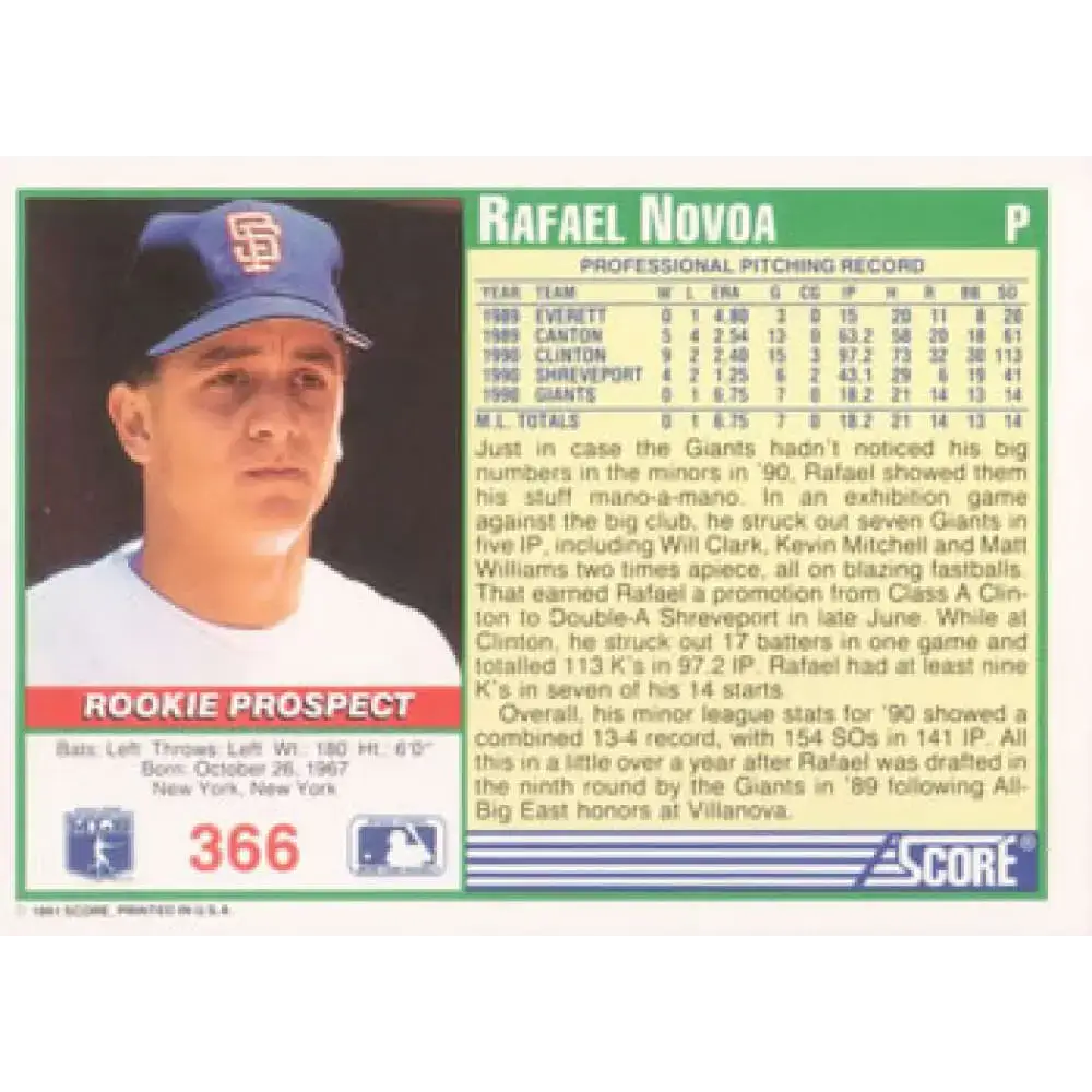 1991 Score #366 Rafael Novoa NM-MT RC Rookie San Francisco Giants Baseball Card - Baseball Card Single