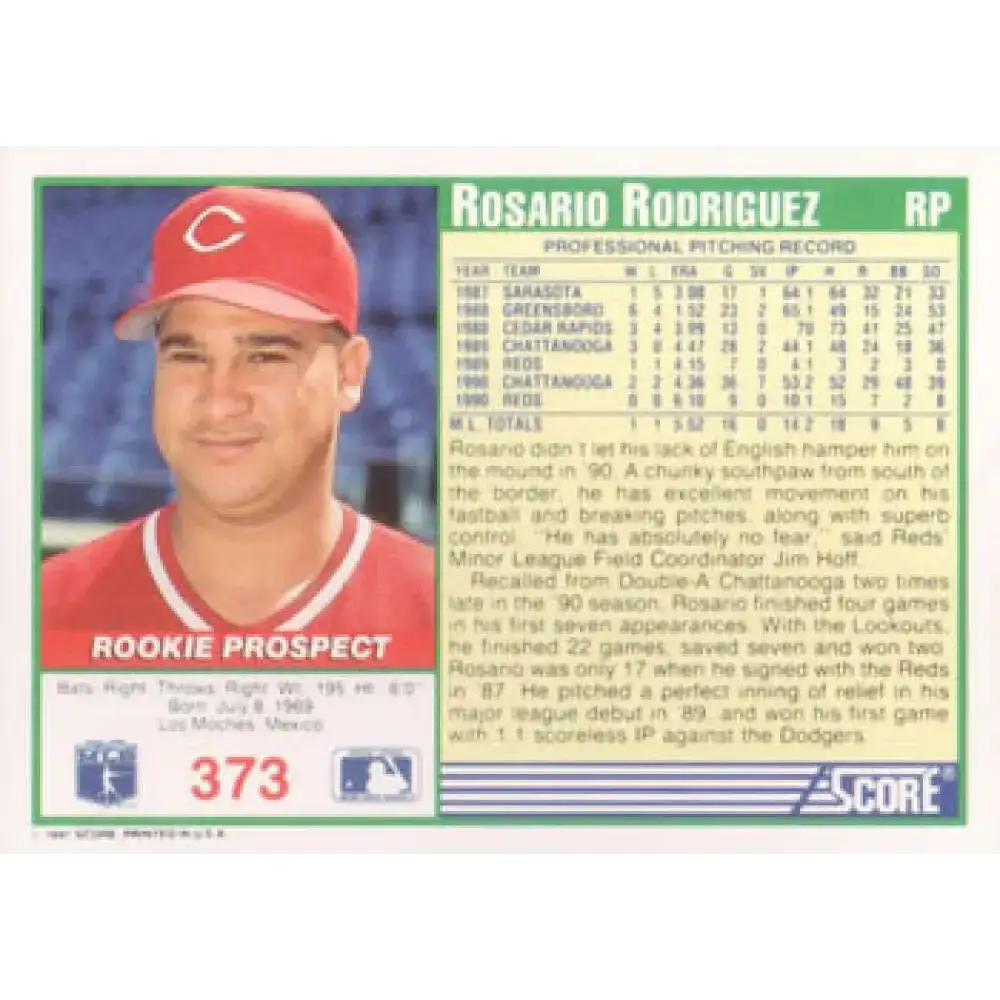 1991 Score #373 Rosario Rodriguez UER NM-MT RC Rookie Cincinnati Reds Baseball Card - Baseball Card Single