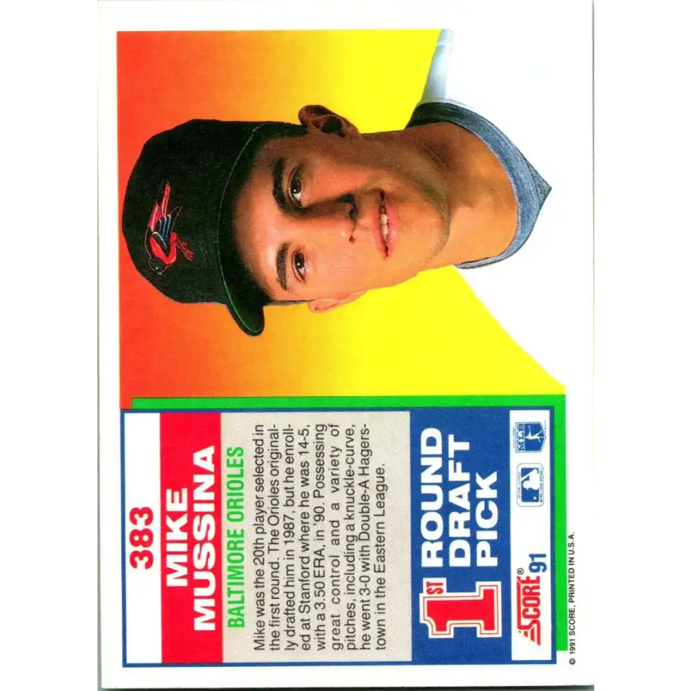 1991 Score #383 Mike Mussina NM-MT RC Rookie Baltimore Orioles Baseball Card - Baseball Card Single