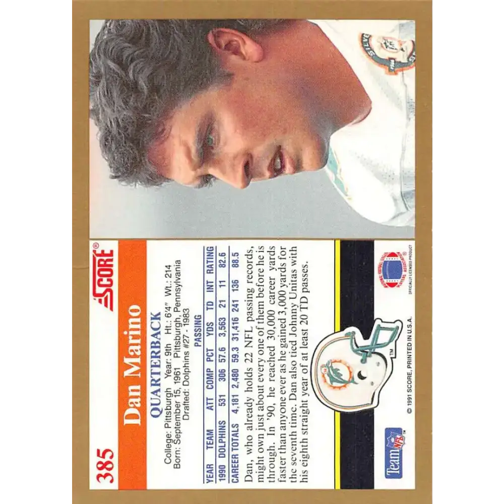1991 Score #385 Dan Marino EX Excellent Miami Dolphins Football Card - Football Card Single