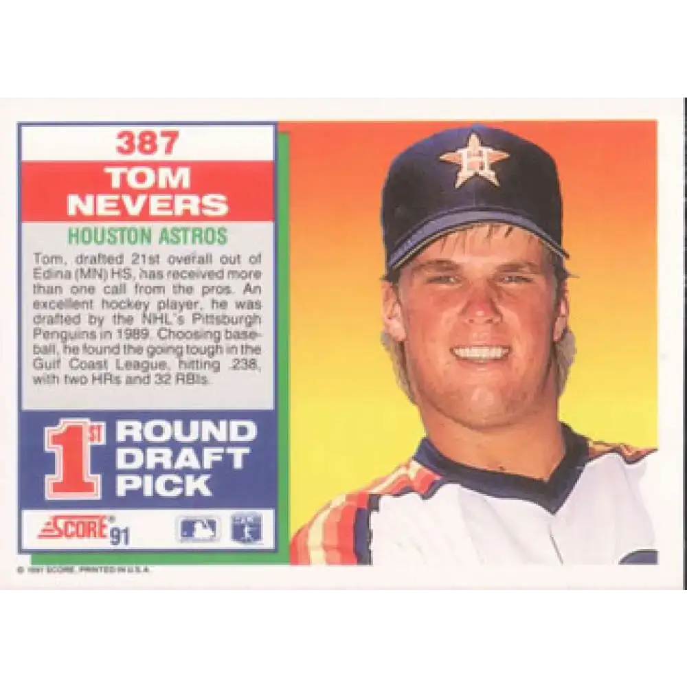1991 Score #387 Tom Nevers NM-MT RC Rookie Houston Astros Baseball Card - Baseball Card Single