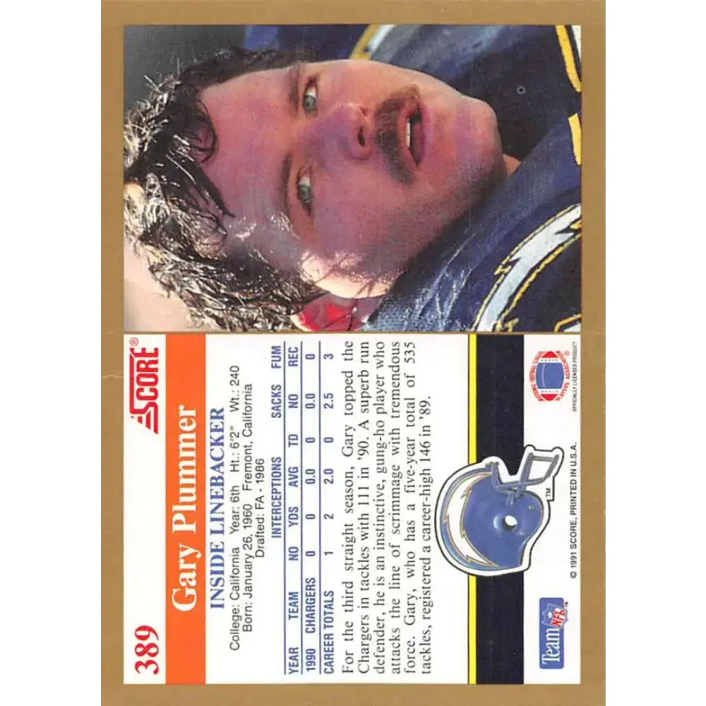 1991 Score #389 Gary Plummer EX Excellent San Diego Chargers Football Card - Football Card Single