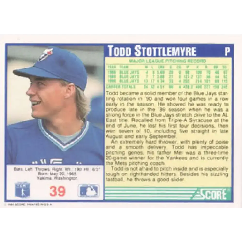 1991 Score #39 Todd Stottlemyre NM-MT Toronto Blue Jays Baseball Card - Baseball Card Single