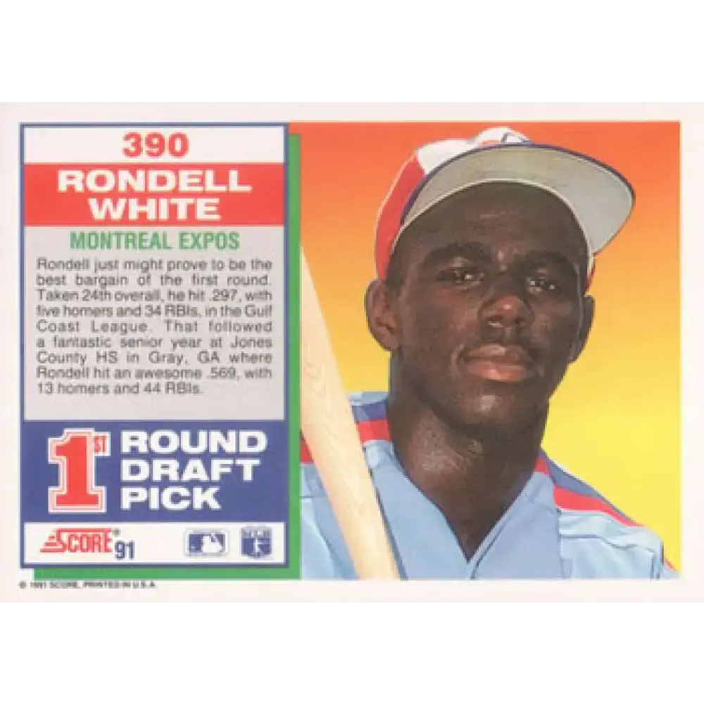 1991 Score #390 Rondell White NM-MT RC Rookie Montreal Expos Baseball Card - Baseball Card Single