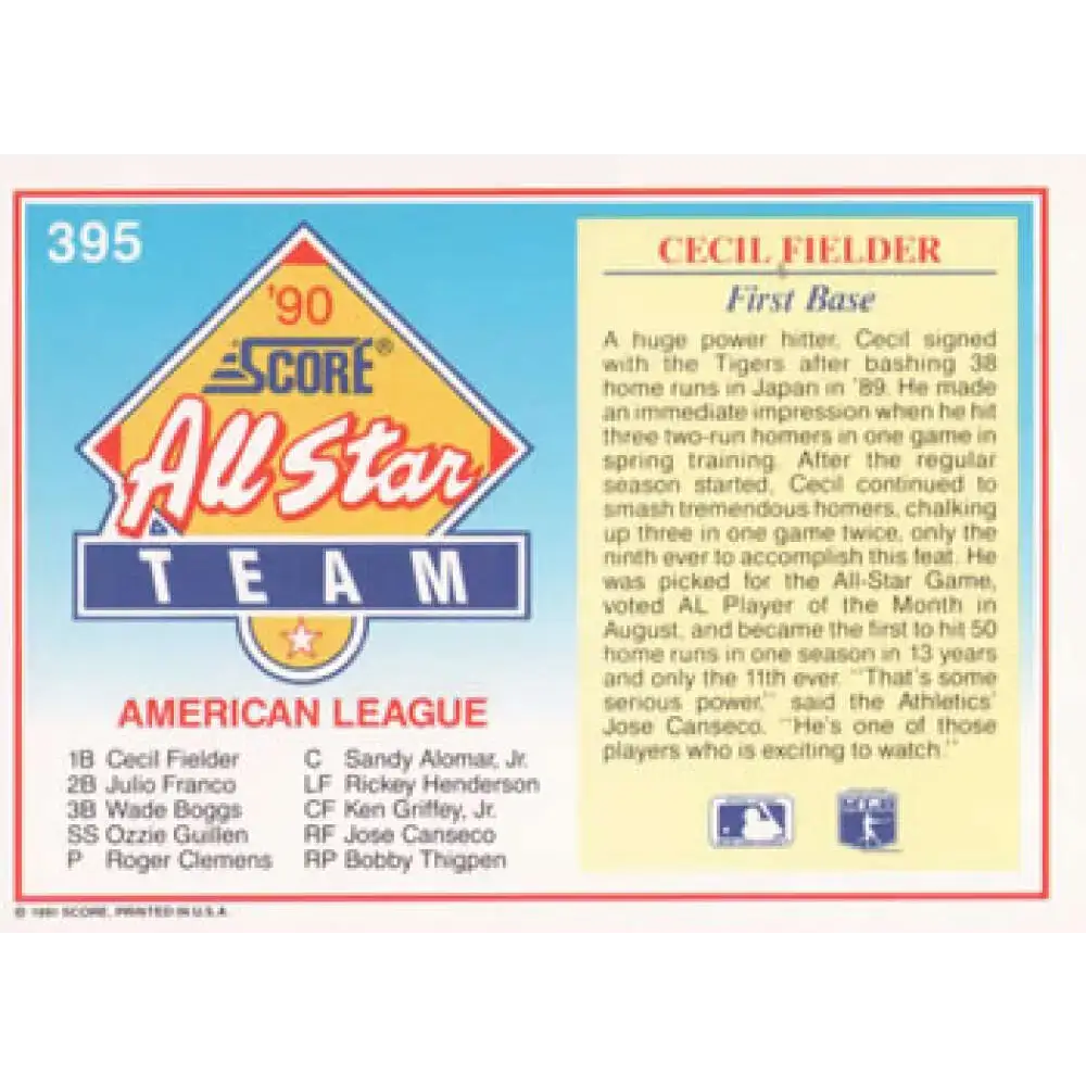 1991 Score #395 Cecil Fielder AS NM-MT Detroit Tigers Baseball Card - Baseball Card Single