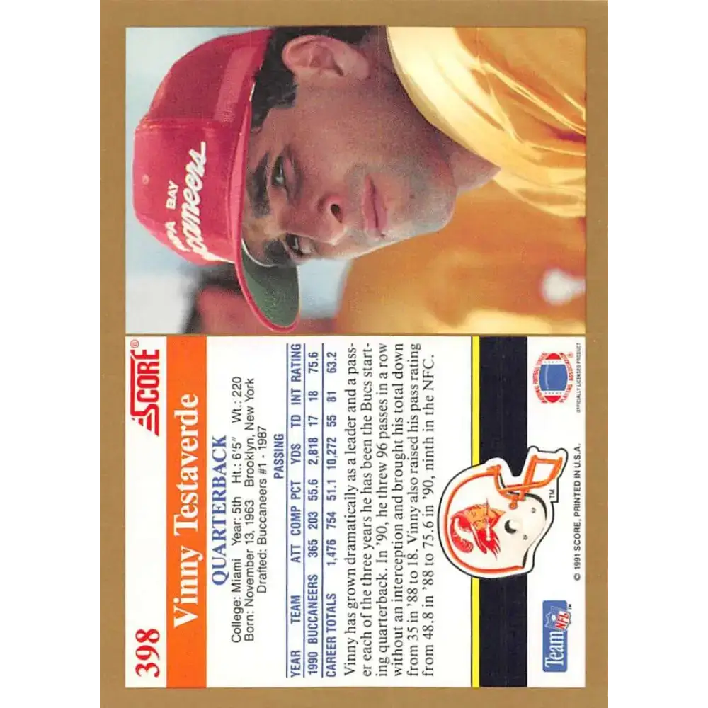 1991 Score #398 Vinny Testaverde EX Excellent Tampa Bay Buccaneers Football Card - Football Card Single