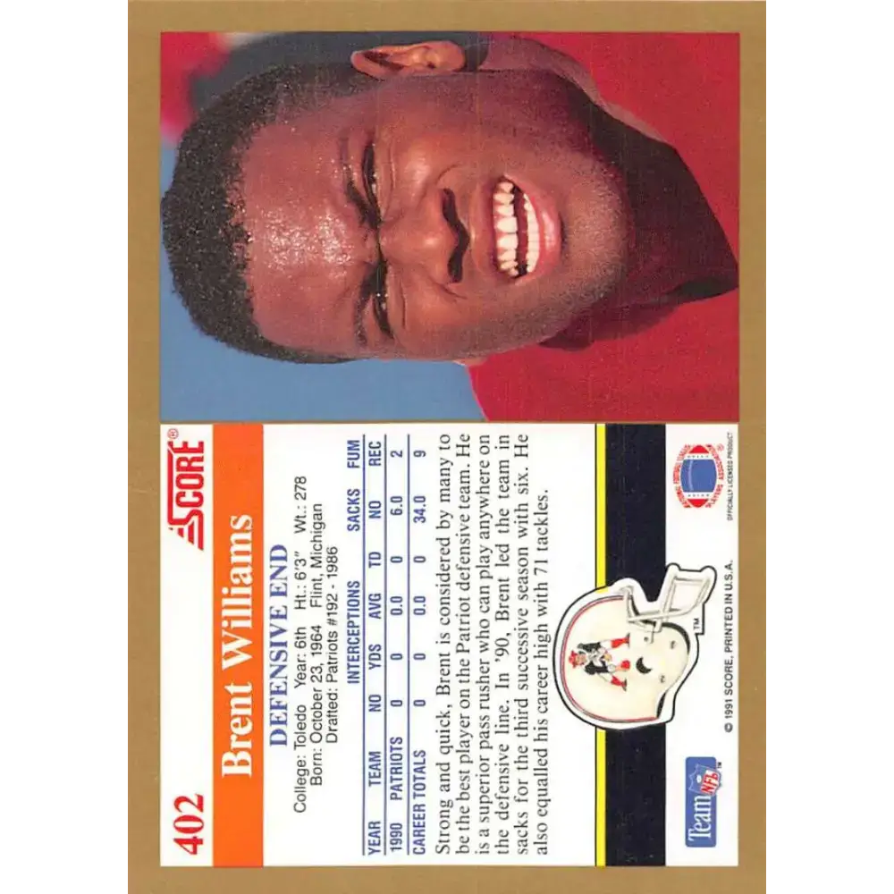 1991 Score #402 Brent Williams EX Excellent New England Patriots Football Card - Football Card Single