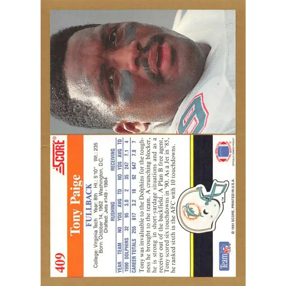 1991 Score #409 Tony Paige EX Excellent Miami Dolphins Football Card - Football Card Single